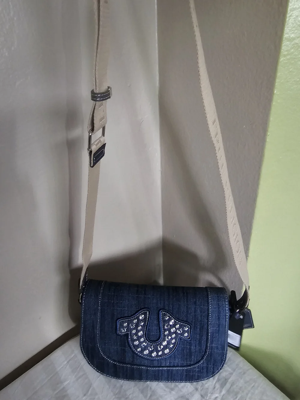 True Religion Denim Crossbody Bag with Studded Horseshoe - Blue